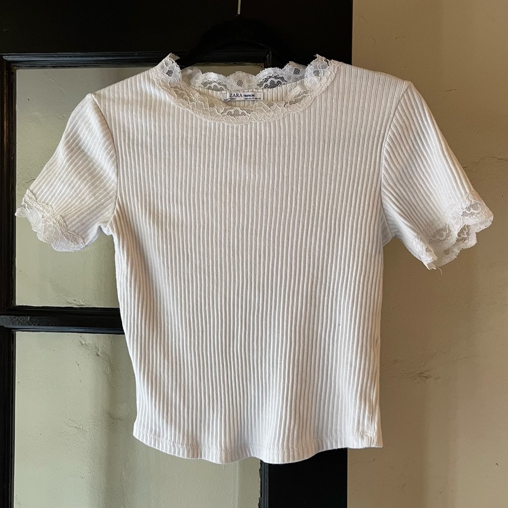 Zara Trafaluc White Crop Top with Lace Trim